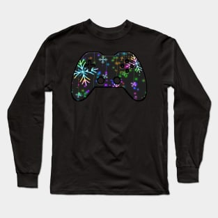 Winter Snowflake Christmas Lights - Gaming Gamer Abstract - Gamepad Controller - Video Game Lover - Graphic Background Long Sleeve T-Shirt